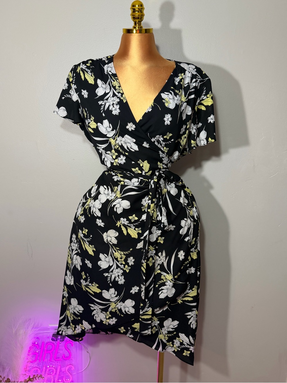Worthington Black Floral Wrap Dress with White and Yellow Print
